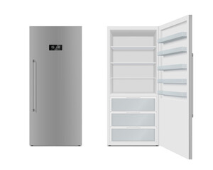 Set realistic refrigerator vector illustration. Electronic fridge with cooling temperature display