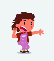 Very angry cartoon character of little girl on jeans pointing at something.