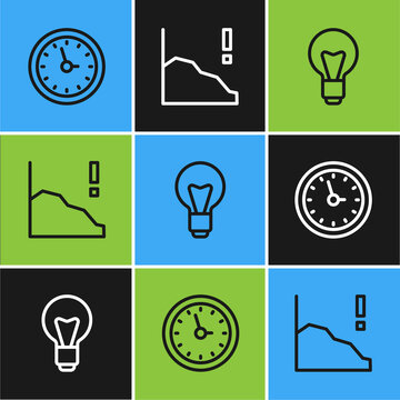 Set line Clock, Light bulb and Financial growth decrease icon. Vector