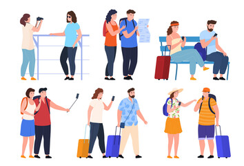 Obraz premium Set couple and friend tourists on summer vacation vector illustration man woman traveling together