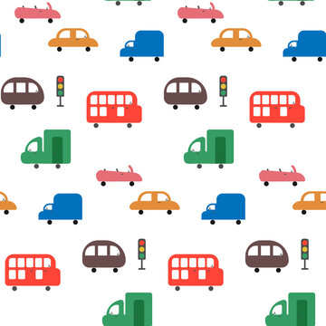Seamless colorful cars pattern isolated vector illustration.