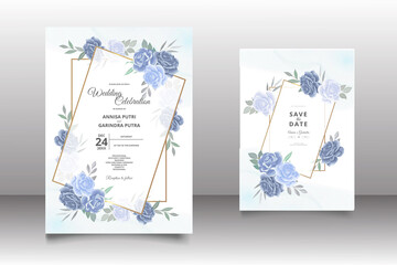 Wedding invitation card template set with beautiful  blue floral leaves Premium Vector