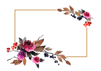 Watercolor autumn frame with bouquet of flowers, berries and leaves on white background for card and invitations.