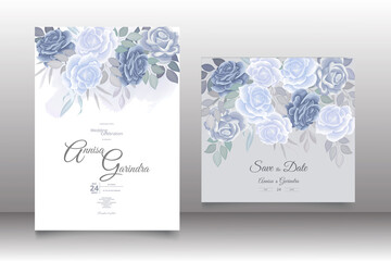 Wedding invitation card template set with beautiful  blue floral leaves Premium Vector