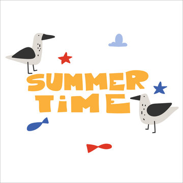 Summer time. 2 seagulls, starfish and fish. Cute marine illustration. Vector image, clipart, editable details.