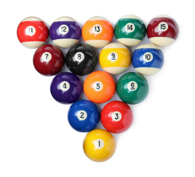 Set of billiard balls on white background, top view