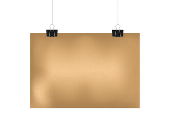 Brown paper or cardboard hanging on two binder clips. Mockup for your design. Vector 3d realistic. Poster blank template. kraft paper sheet. Horizontal grunge banner. EPS10.