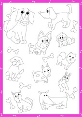 Children's coloring page for preschool children. Set of dogs. Can be used in a book, magazine.