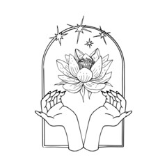 Vintage Mystic hands and lotus flower bloom inside arch with stars Illustration