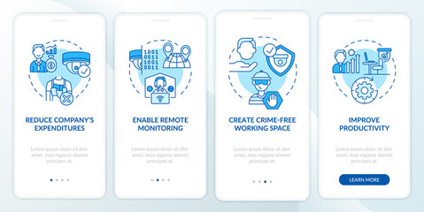 Cameras for business onboarding mobile app page screen. Surveillance technologies walkthrough 4 steps graphic instructions with concepts. UI, UX, GUI vector template with linear color illustrations