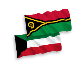 National vector fabric wave flags of Republic of Vanuatu and Kuwait isolated on white background. 1 to 2 proportion.