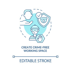 Create crime-free working place turquoise concept icon. Behavior and discipline. Security camera solutions abstract idea thin line illustration. Vector isolated outline color drawing. Editable stroke