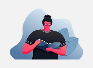 Flat Graphic design illustration of a woman or girl relaxing at home reading a book for education, learning, school, online courses, training or back to school vector