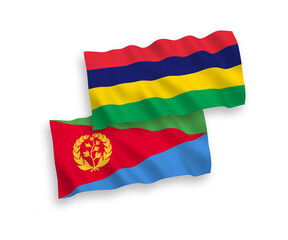 National vector fabric wave flags of Eritrea and Republic of Mauritius isolated on white background. 1 to 2 proportion.
