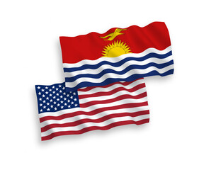 National vector fabric wave flags of Republic of Kiribati and USA isolated on white background. 1 to 2 proportion.