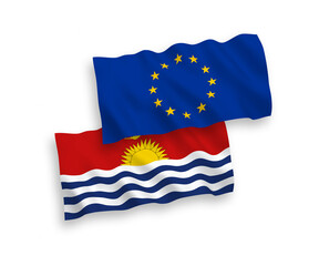 National vector fabric wave flags of European Union and Republic of Kiribati isolated on white background. 1 to 2 proportion.