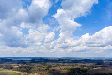 Obraz premium Aerial view of agricultural landscape with fields in spring season.