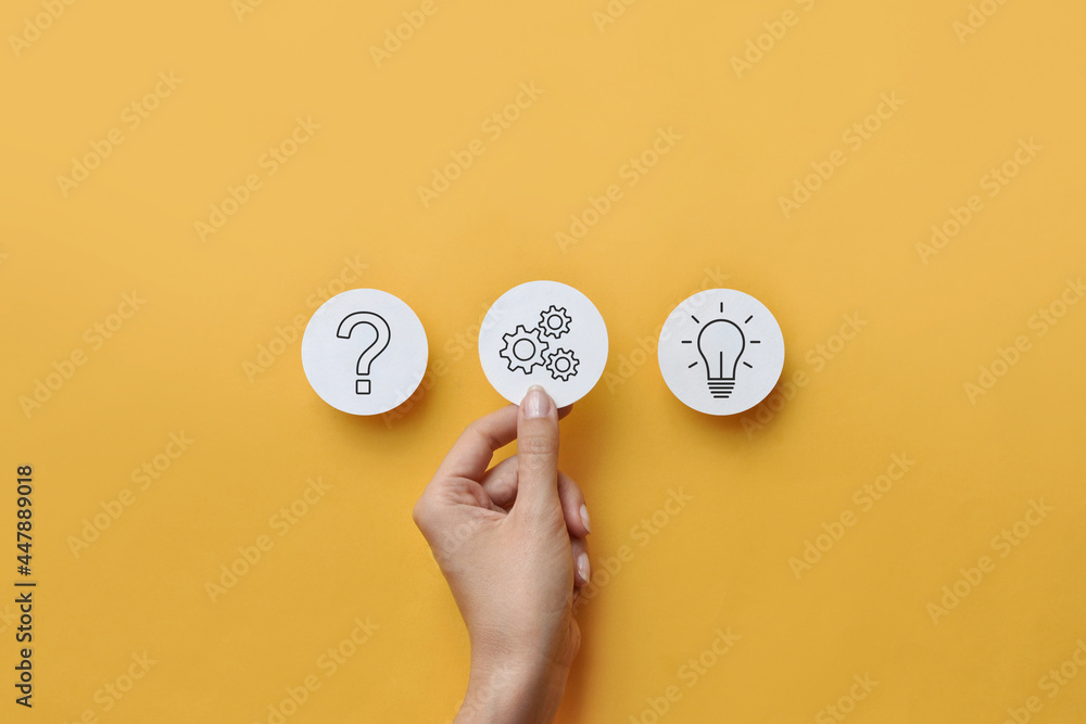 Poster paper circles with drawings of the question, gears and a light bulb. the stages of the appearance of
