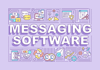 Fototapeta na wymiar Messaging software word concepts banner. Online communication service. Infographics with linear icons on purple background. Isolated creative typography. Vector outline color illustration with text