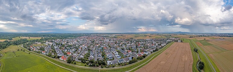 Drone panorama over the village Stockstadt in the Hessian district Gross-Gerau