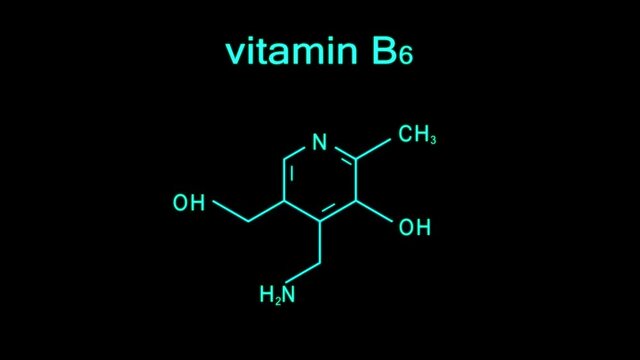 Black background of glowing chemical formula of vitamin B6. Molecular structure of pyridoxine. Motion of abstract pattern. 