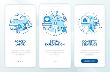 Obraz na płótnie Canvas Human trafficking forms onboarding mobile app page screen. Trafficking forms walkthrough 3 steps graphic instructions with concepts. UI, UX, GUI vector template with linear color illustrations