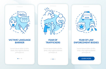 Human slavery victims onboarding mobile app page screen. Stress aftermath walkthrough 3 steps graphic instructions with concepts. UI, UX, GUI vector template with linear color illustrations