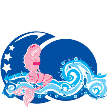 mermaid appears at sea under the starry night sky background.