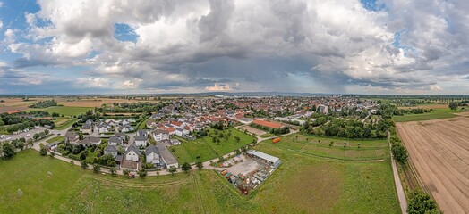 Drone panorama over the village Biebesheim in the Hessian district Gross-Gerau