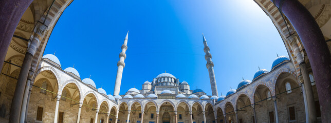 Panoramic view of Suleymaniye Mosque from Courtyard. Landmarks of Istanbul.