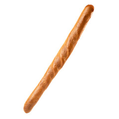 Long crispy white flour baguette. Whole loaf of bread isolated on white background.