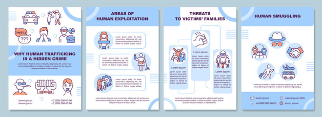 Human trafficking, smuggling and exploitation brochure template. Flyer, booklet, leaflet print, cover design with linear icons. Vector layouts for presentation, annual reports, advertisement pages