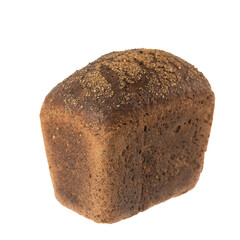 Brown rye brick shaped bread. Whole loaf of bread isolated on white background.