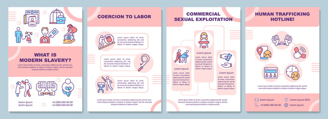 Types of modern slavery and exploitation brochure template. Flyer, booklet, leaflet print, cover design with linear icons. Vector layouts for presentation, annual reports, advertisement pages