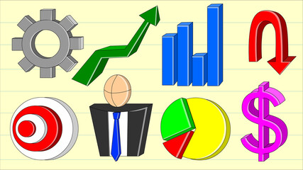 infographics elements with business concept including arrow, target, graph, pie chart, progress, and  symbolic illustration of person