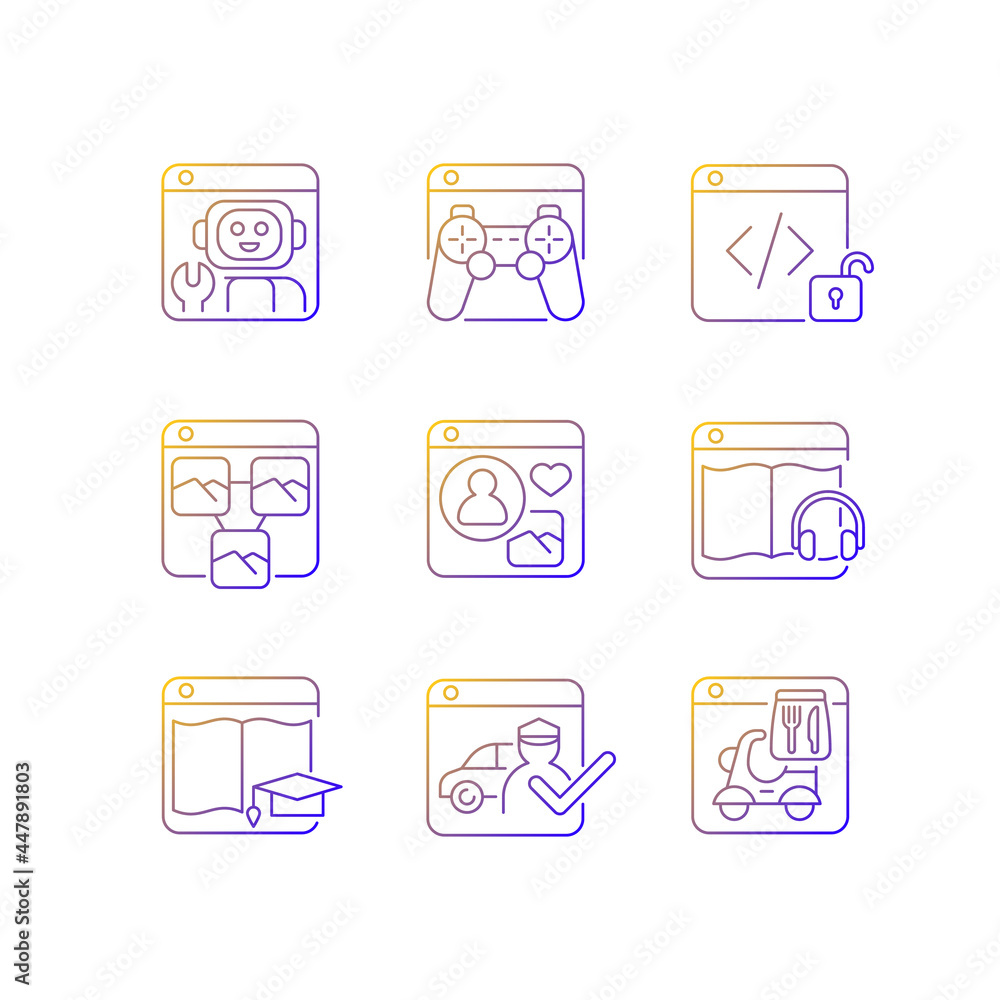 Poster public-facing internet applications gradient linear vector icons set. robotics platforms. video game