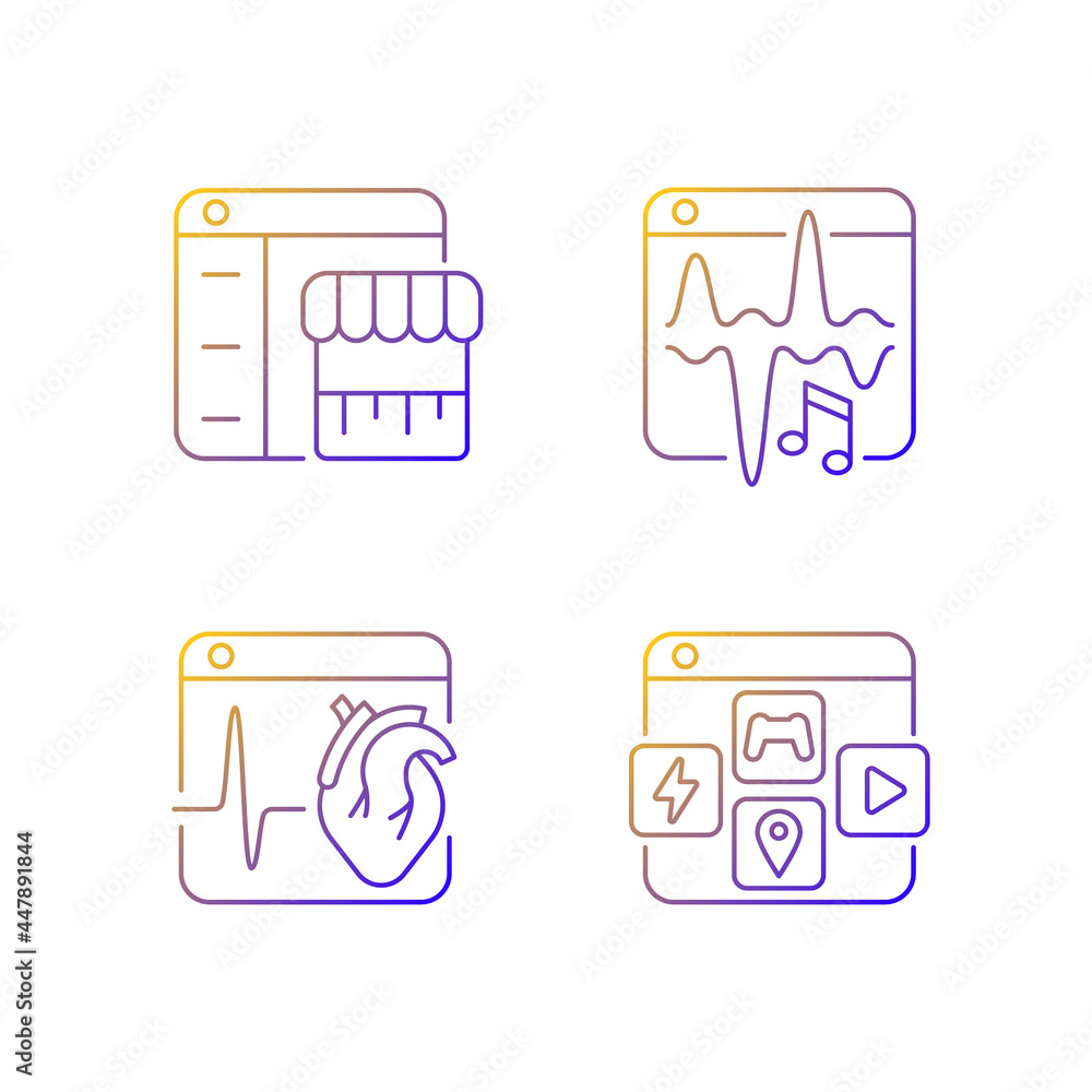 Poster digital services gradient linear vector icons set. music streaming. e-commerce. medical platforms. a