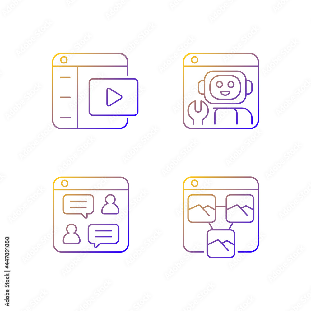 Poster digitization in business gradient linear vector icons set. video platforms. online discussions. phot