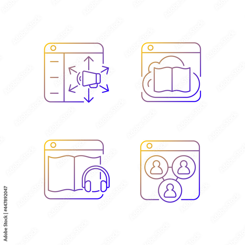 Poster launching online services gradient linear vector icons set. content distribution platform. database 
