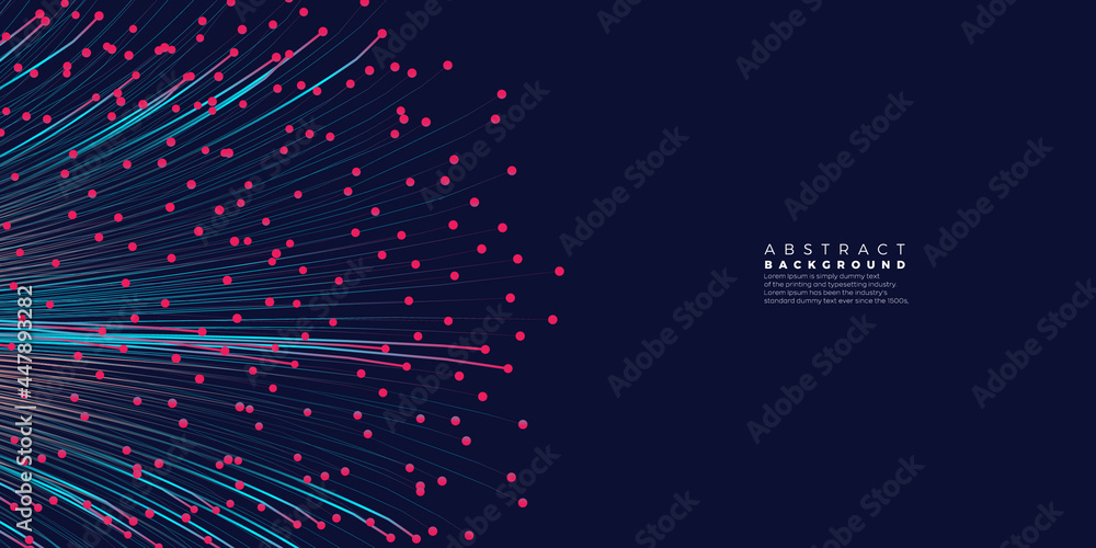 Poster evolution of data. vector explosion motion dot lines background. small particles strive out of cente