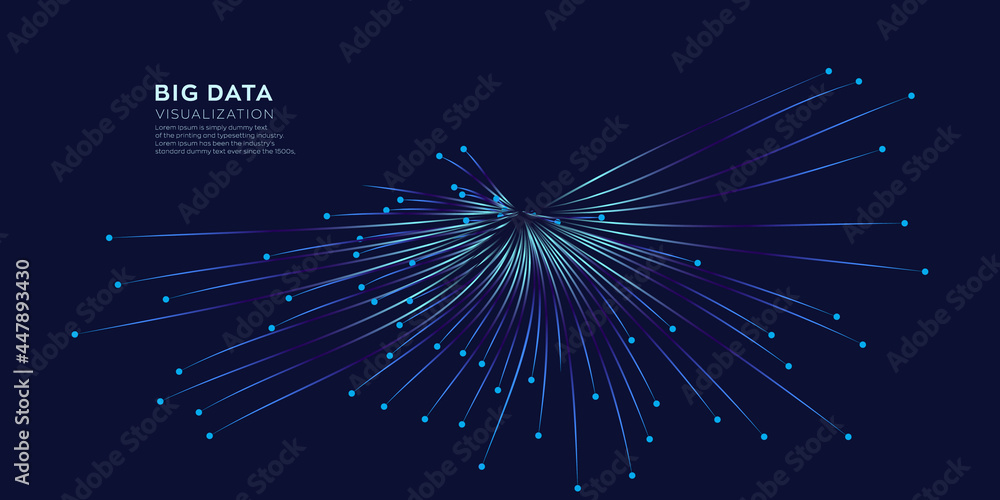 Poster evolution of data. vector explosion motion dot lines background. small particles strive out of cente