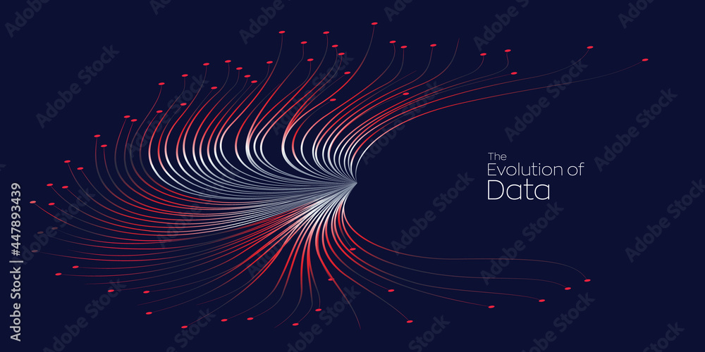 Poster evolution of data. vector explosion motion dot lines background. small particles strive out of cente