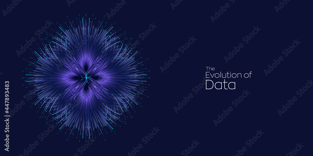 Poster evolution of data. vector explosion motion dot lines background. small particles strive out of cente