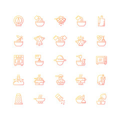 Cooking instruction gradient linear vector icons set. Frying pan. Kitchen timer. Food preparation process steps. Thin line contour symbols bundle. Isolated vector outline illustrations collection