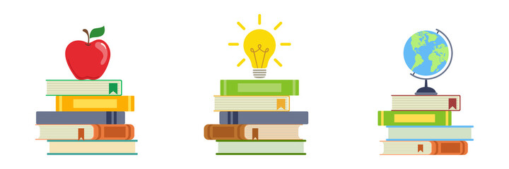 A set of illustrations. Books, apple, light bulb, globe. Education concept. Back to school. Illustration.