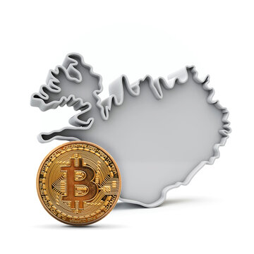 Iceland bitcoin background. Cryptocurrency coin with map. 3D Rendering