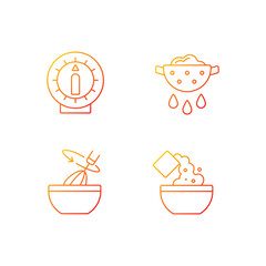 Food preparation gradient linear vector icons set. Kitchen timer. Drain excess water or oil. Cooking instruction. Thin line contour symbols bundle. Isolated vector outline illustrations collection