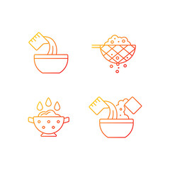 Food preparation instruction gradient linear vector icons set. Pour liquid in bowl. Cooking process steps. Thin line contour symbols bundle. Isolated vector outline illustrations collection