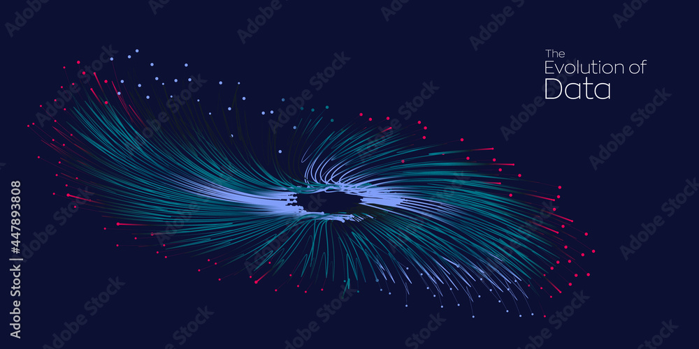 Poster evolution of data. vector explosion motion dot lines background. small particles strive out of cente