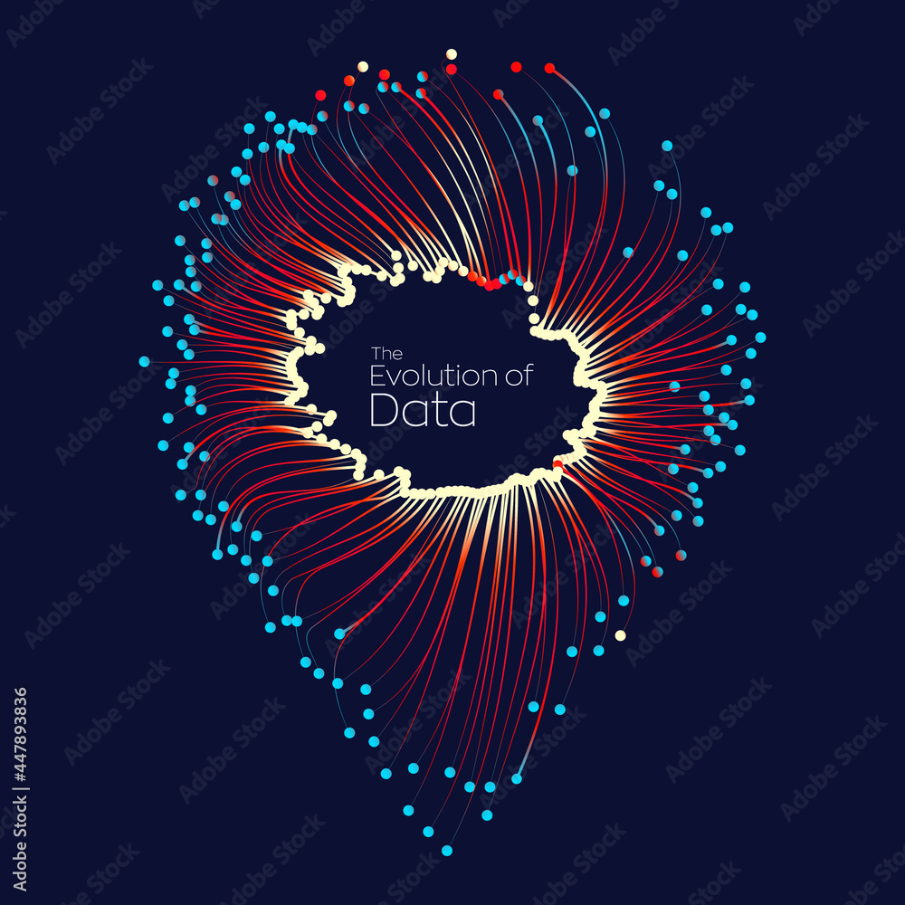 Poster evolution of data. vector explosion motion dots lines background. small particles strive out of cent